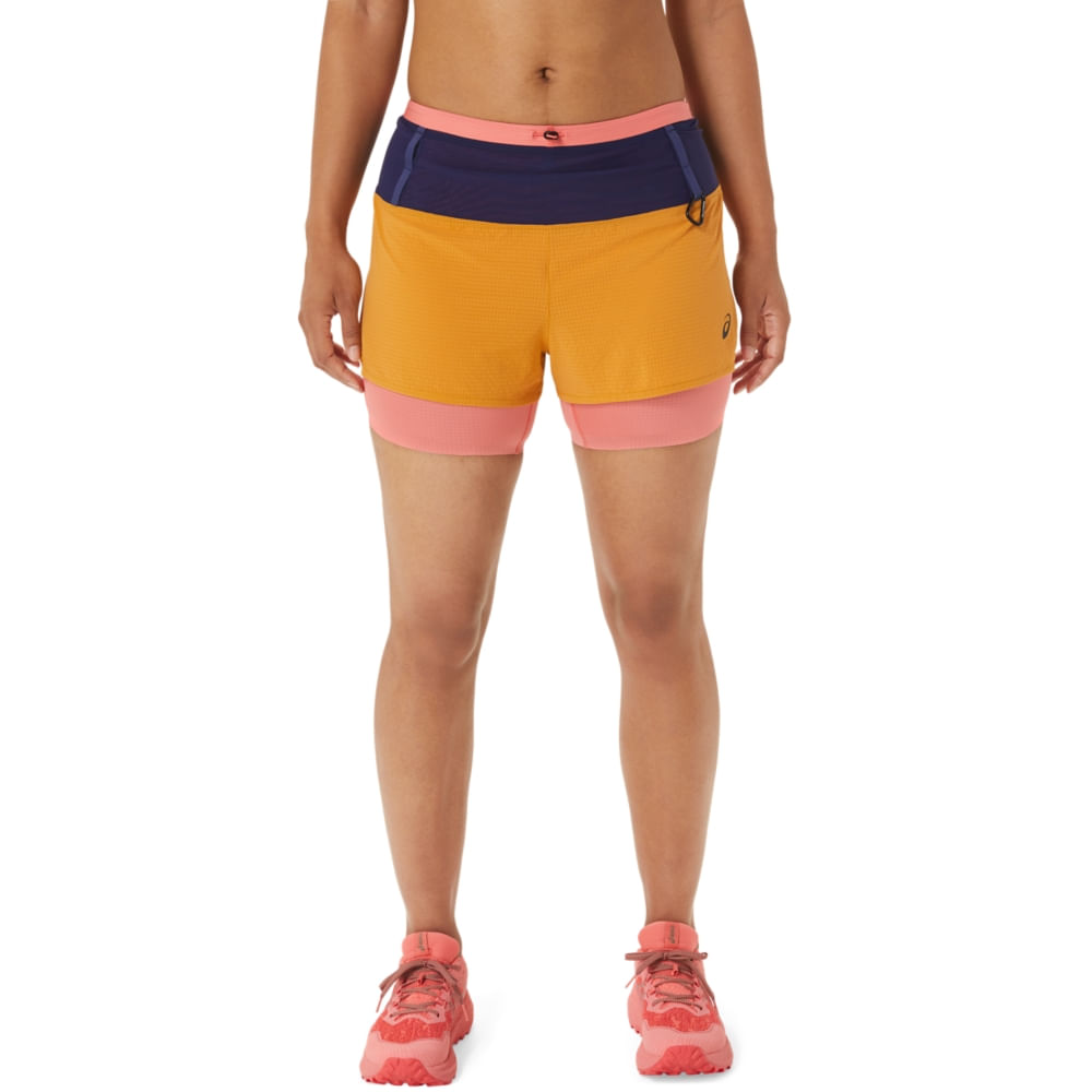 Shorts ASICS 2-N-1 Fujitrail - Feminino - Amarelo/Rosa - tam: M