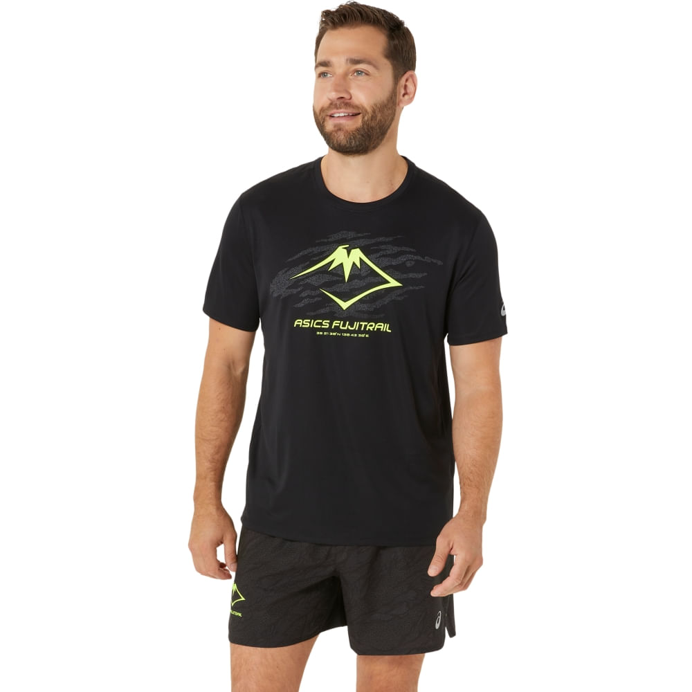 Camiseta ASICS Fujitrail Logo – Masculino – Preto/Cinza/Amarelo
