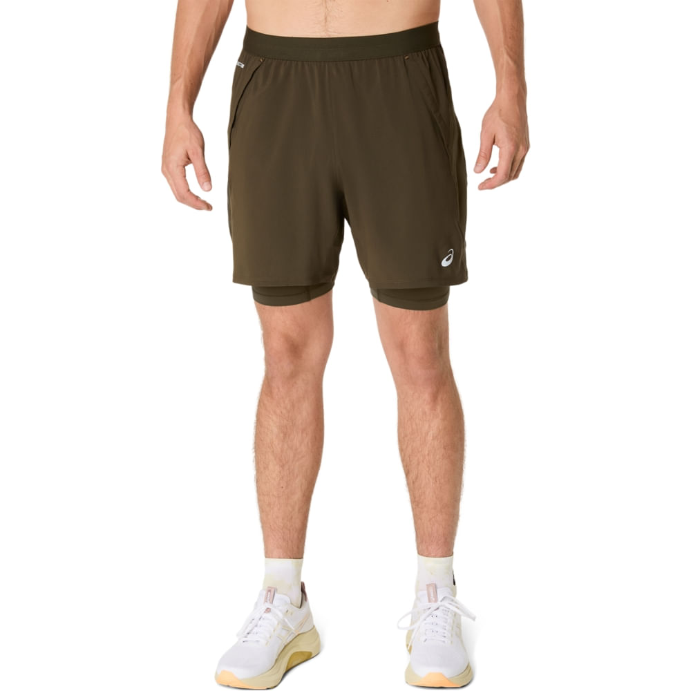 Shorts ASICS Road 2-N-1 7In - Masculino - Marrom/Verde - tam: PP