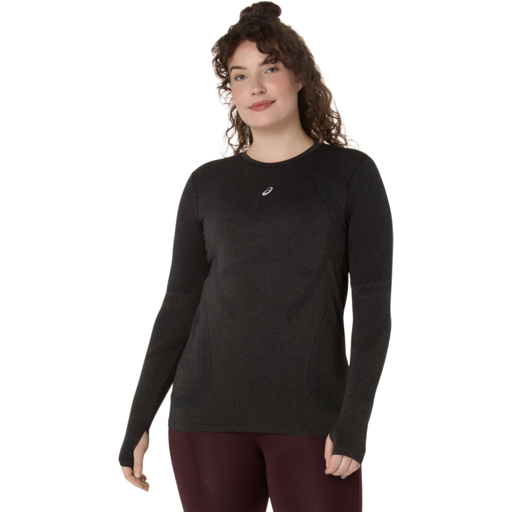 Camiseta ASICS Manga Longa Road Seamless - Feminino - Preto/Cinza - tam: PP