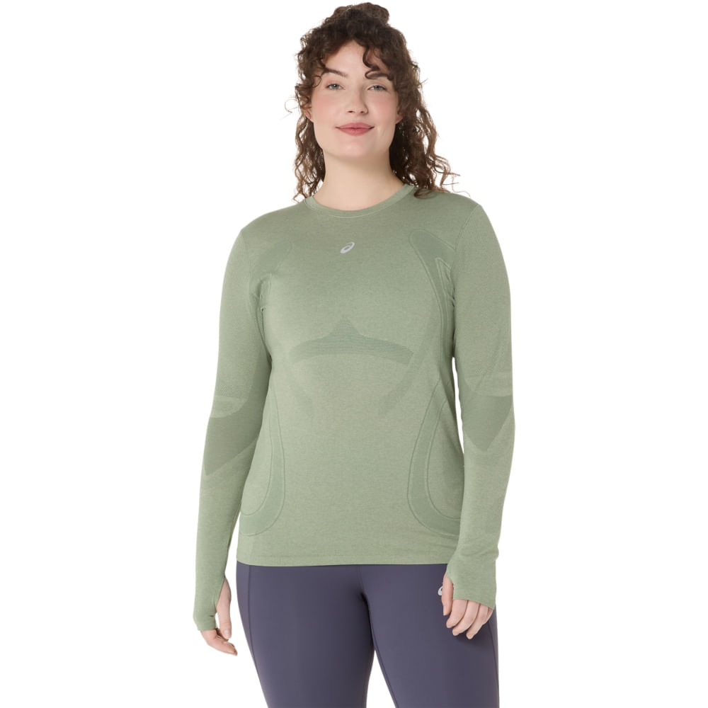 Camiseta ASICS Manga Longa Road Seamless - Feminino - Verde/Verde - tam: M