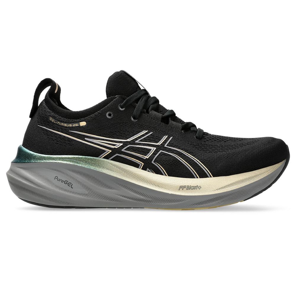 Tênis ASICS GEL-Nimbus 26 Platinum - Masculino - Preto e Dourado com Cinza e Verde