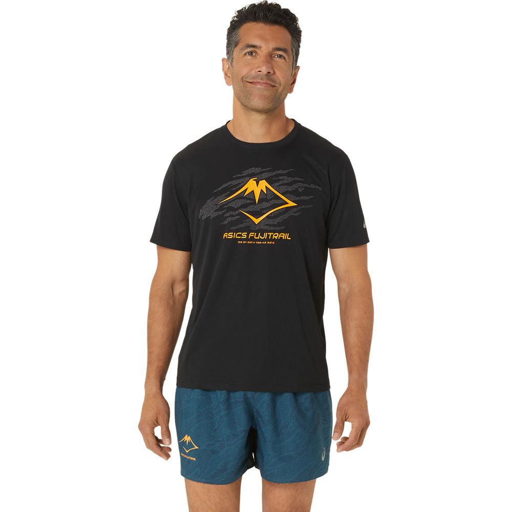 Camiseta ASICS Fujitrail™ - Masculina - Preta com Cinza e Amarelo