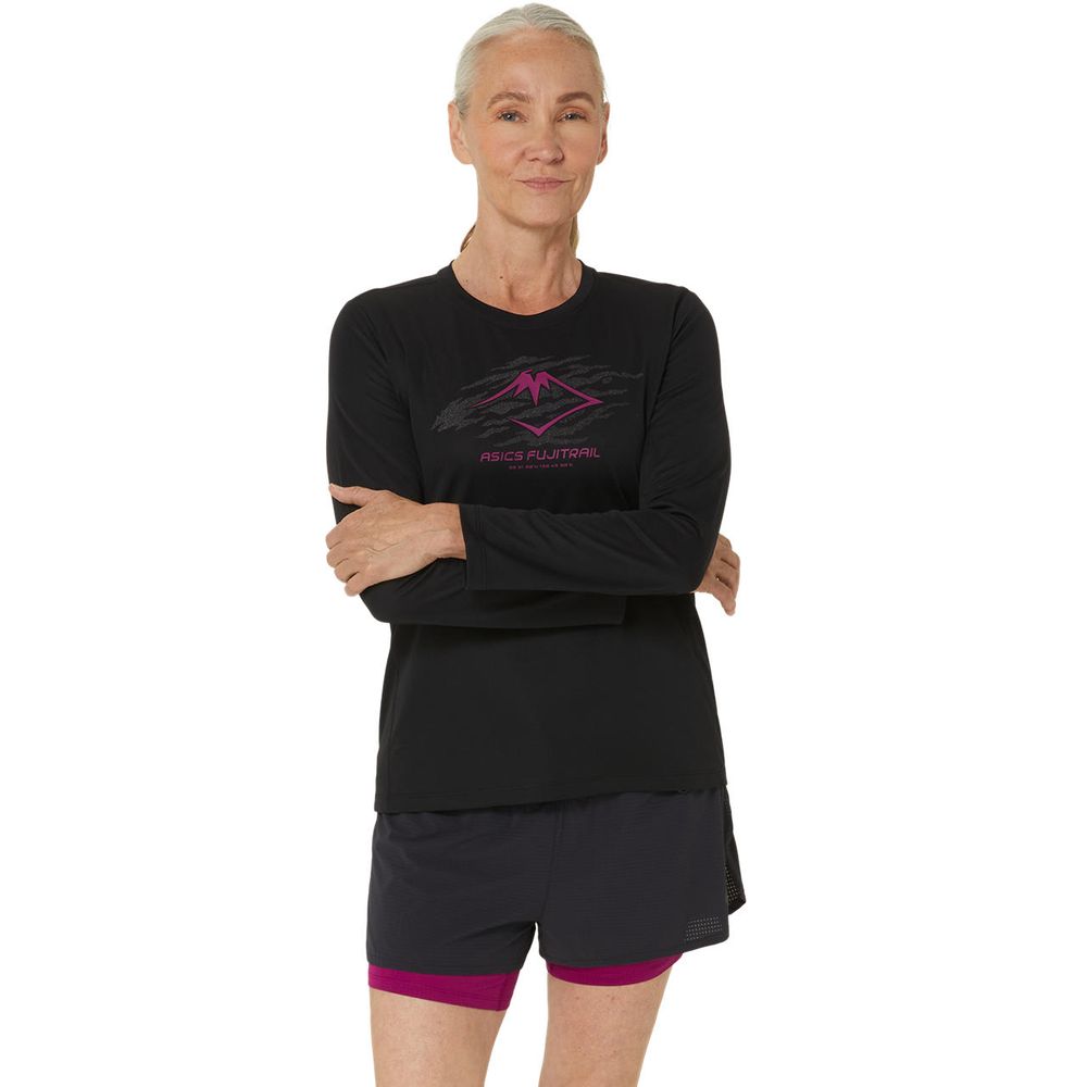 Camiseta de Manga Longa ASICS Fujitrail™ - Feminina - Preta com Cinza e Rosa